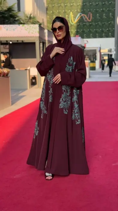  Burgundy Abaya With Blue embroidery image 0