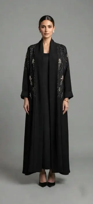 T. Black abaya with embroidery and crystals and in the middle plain scarf style   image 1