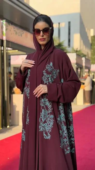  Burgundy Abaya With Blue embroidery image 1