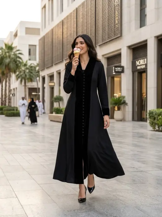 Winter abaya with black velvet and buttons in middle image 3