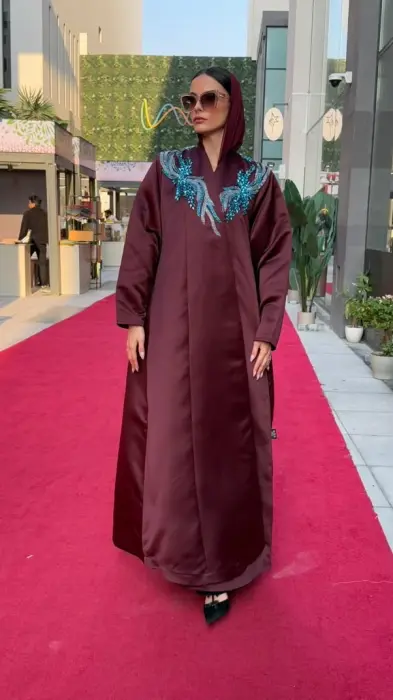 Satinfy Burgundy Abaya With Blue crystals on top  image 3