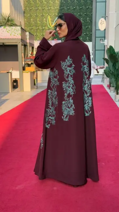  Burgundy Abaya With Blue embroidery image 2