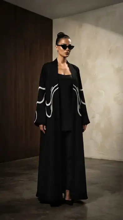 T. Classy occasional black abaya with silver stones and embroidery   image 0