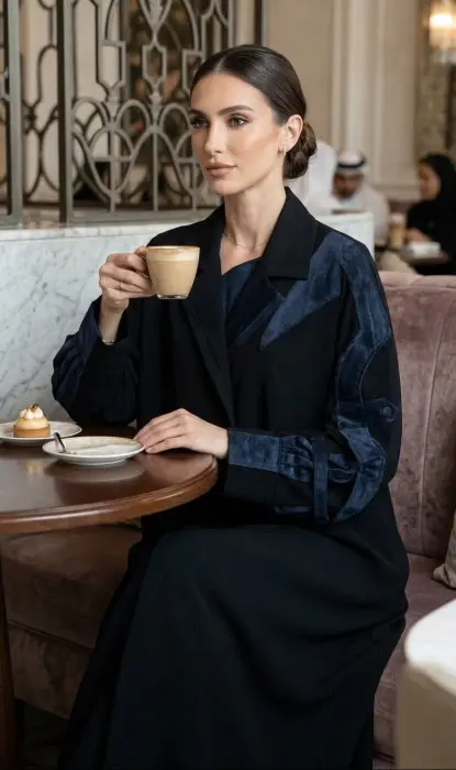 Winter black abaya with some blue velvet touch image 3