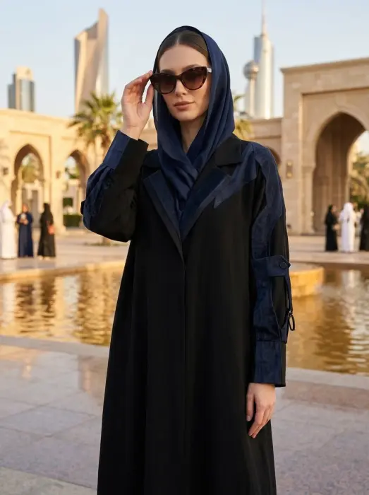 Winter black abaya with some blue velvet touch image 1