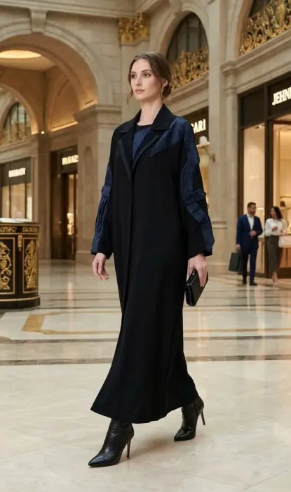 Winter black abaya with some blue velvet touch image 2