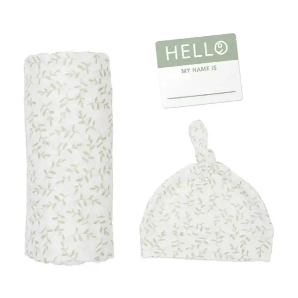 Hello World Bamboo Hat & Swaddle Blanket Set - Greenery image 0
