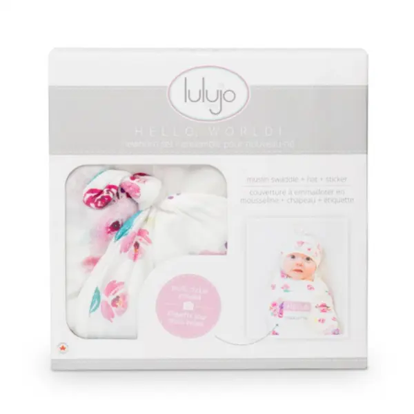 Hello World Bamboo Hat & Swaddle Blanket Set - Posies image 1