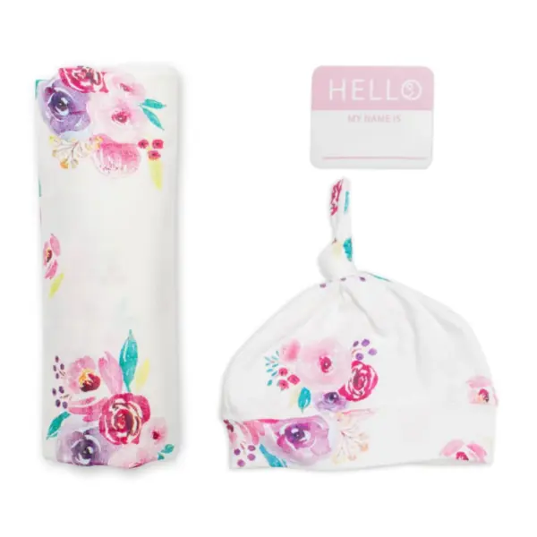 Hello World Bamboo Hat & Swaddle Blanket Set - Posies image 0