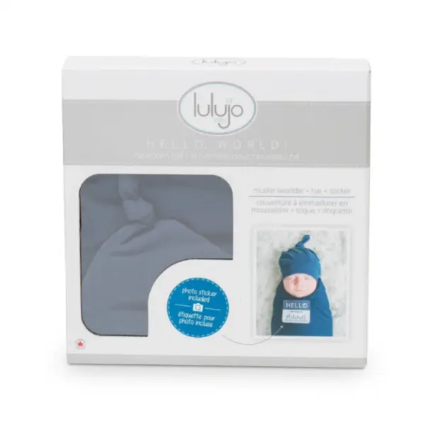 Hello World Bamboo Hat & Swaddle Blanket Set - Navy image 1