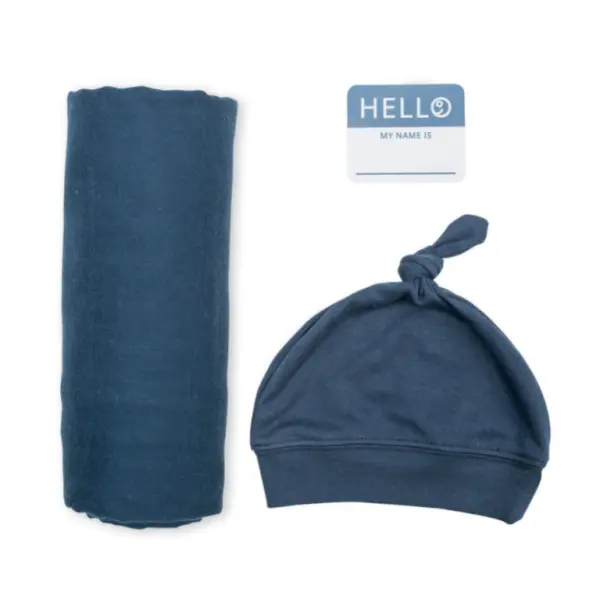 Hello World Bamboo Hat & Swaddle Blanket Set - Navy image 0