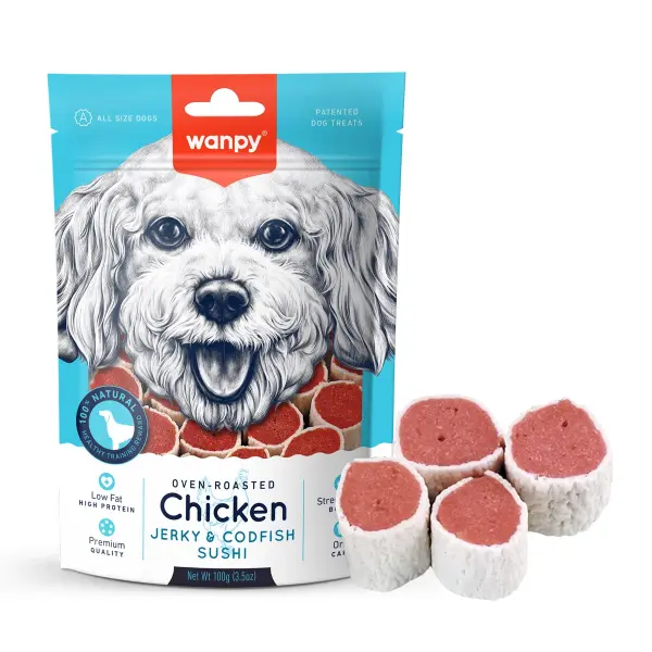 Wanpy Oven-Roasted Low Fat Chicken Jerky &amp; Codfish Sushi Dog Treats for Puppies &amp; Senior Dogs 100 gr image 0