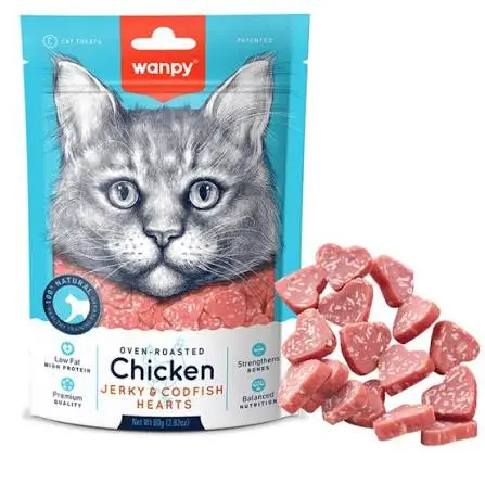 Wanpy Low Fat Heart Shaped Cat Treat with Chicken Jerky &amp; Codfish 80gr image 0