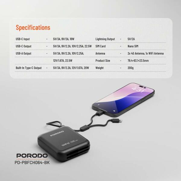 راوتر محمول Porodo 4G LTE مع WiFi 6 وبطارية ‎10000mAh‎ – أسود image 9