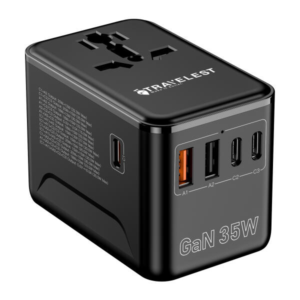 محول السفر العالمي من ترافيليست بتقنية GaN 35W مع 3 منافذ USB-C و 2 USB-A ومخرج كهرباء بقدرة 2500 واط وفيوز أوتوماتيكي متوافق مع أكثر من 220 دولة image 2