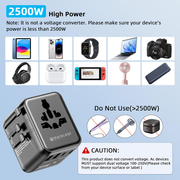 من ترافيليست محول السفر العالمي GaN 35W مع 3 منفذ USB-C + منفذ 2 USB-A، 2500W AC، متوافق مع أكثر من 200 دولة image 2