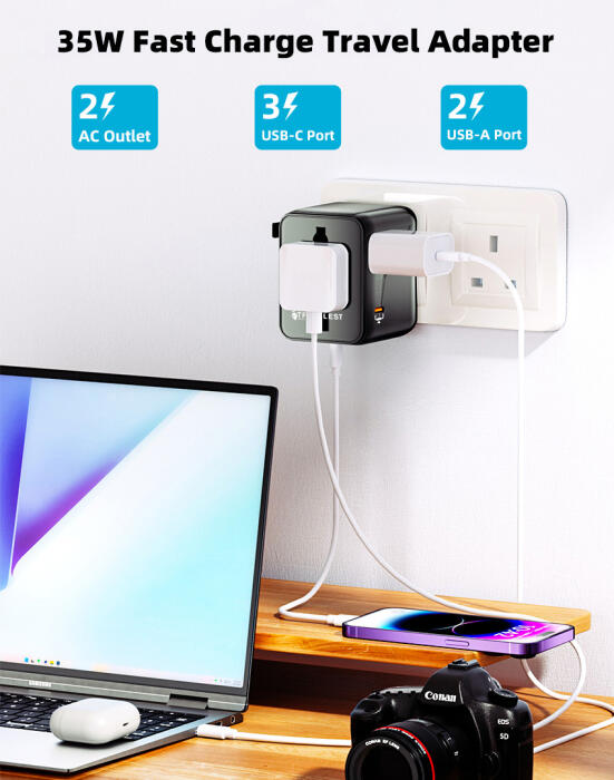 من ترافيليست محول السفر العالمي GaN 35W مع 3 منفذ USB-C + منفذ 2 USB-A، 2500W AC، متوافق مع أكثر من 200 دولة image 8
