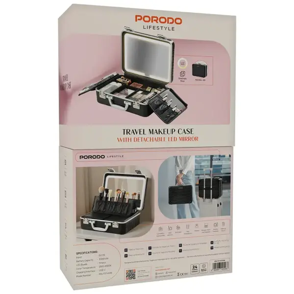 حقيبة مكياج سفر Porodo Lifestyle مع مرآة LED قابلة للفصل – أسود image 3