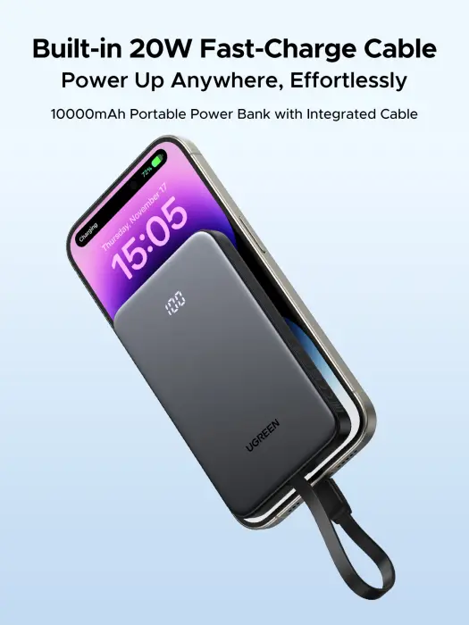 باور بانك يوجرين (UGREEN PB526) بسعة 10000 مللي أمبير مع كيبل مدمج بقوة 20 واط - رمادي image 10