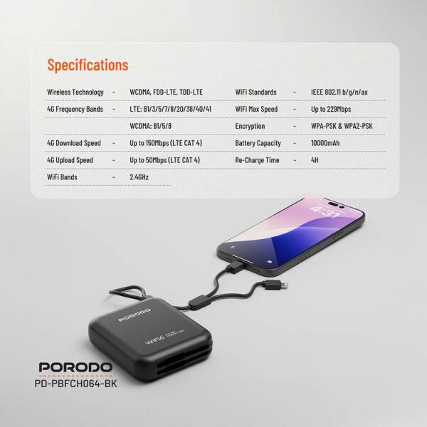 راوتر محمول Porodo 4G LTE مع WiFi 6 وبطارية ‎10000mAh‎ – أسود image 10