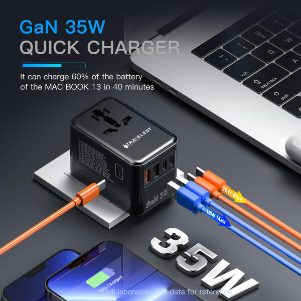 محول السفر العالمي من ترافيليست بتقنية GaN 35W مع 3 منافذ USB-C و 2 USB-A ومخرج كهرباء بقدرة 2500 واط وفيوز أوتوماتيكي متوافق مع أكثر من 220 دولة image 3
