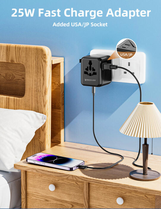 من ترافيليست محول السفر العالمي GaN 25W مع 2 منفذ USB-C + منفذ USB-A، 2500W AC، متوافق مع أكثر من 200 دولة image 12