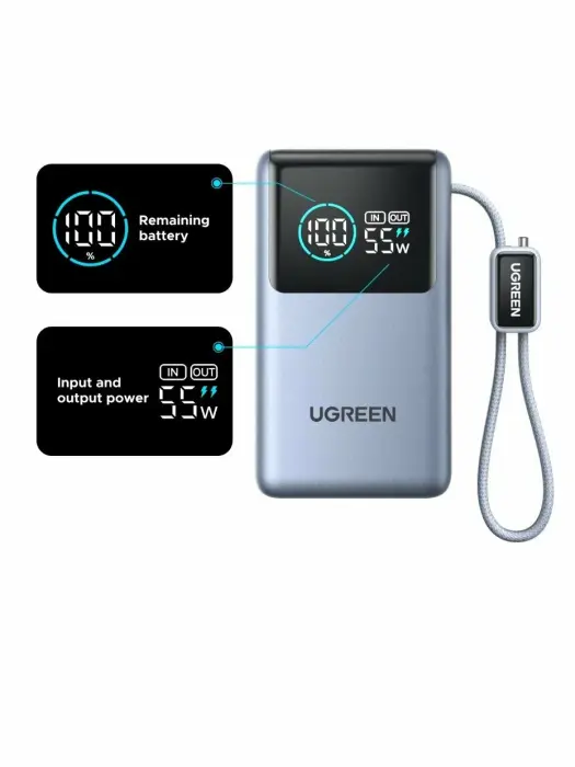 باور بانك يوجرين نكسود برو ميني (UGREEN Nexode Pro PB727) سعة 10000 مللي أمبير بقوة 55 واط مع كيبل مدمج - رمادي image 2