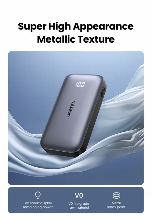 باور بانك يوجرين نكسود (UGREEN Nexode PB502) سعة 10000 مللي أمبير بشحن سريع 30 واط - رمادي image 2