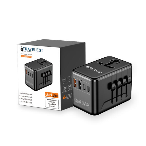 محول السفر العالمي من ترافيليست بتقنية GaN 35W مع 3 منافذ USB-C و 2 USB-A ومخرج كهرباء بقدرة 2500 واط وفيوز أوتوماتيكي متوافق مع أكثر من 220 دولة image 0