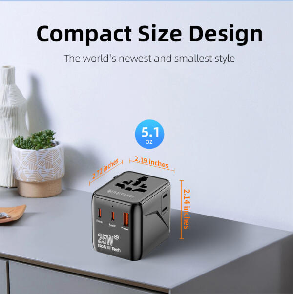 من ترافيليست محول السفر العالمي GaN 25W مع 2 منفذ USB-C + منفذ USB-A، 2500W AC، متوافق مع أكثر من 200 دولة image 1