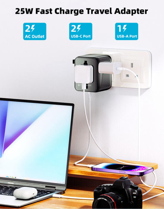 من ترافيليست محول السفر العالمي GaN 25W مع 2 منفذ USB-C + منفذ USB-A، 2500W AC، متوافق مع أكثر من 200 دولة image 7