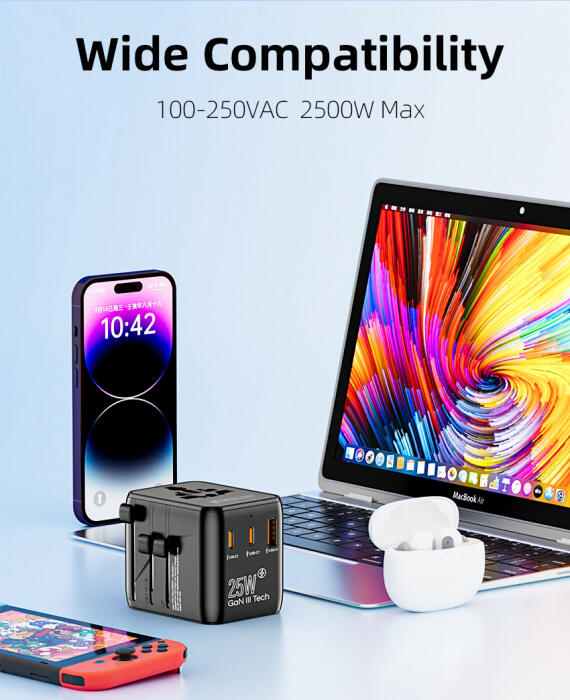 من ترافيليست محول السفر العالمي GaN 25W مع 2 منفذ USB-C + منفذ USB-A، 2500W AC، متوافق مع أكثر من 200 دولة image 9