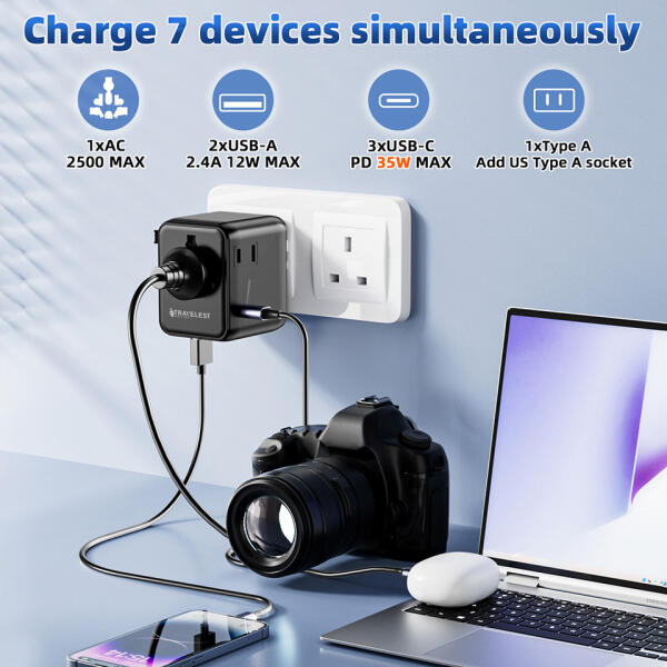 من ترافيليست محول السفر العالمي GaN 35W مع 3 منفذ USB-C + منفذ 2 USB-A، 2500W AC، متوافق مع أكثر من 200 دولة image 1