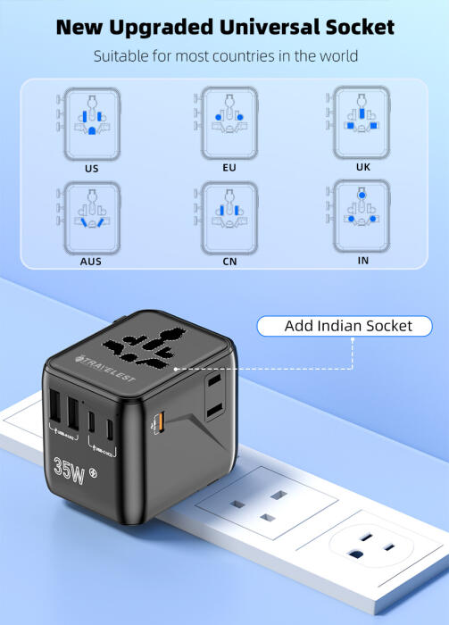 من ترافيليست محول السفر العالمي GaN 35W مع 3 منفذ USB-C + منفذ 2 USB-A، 2500W AC، متوافق مع أكثر من 200 دولة image 9
