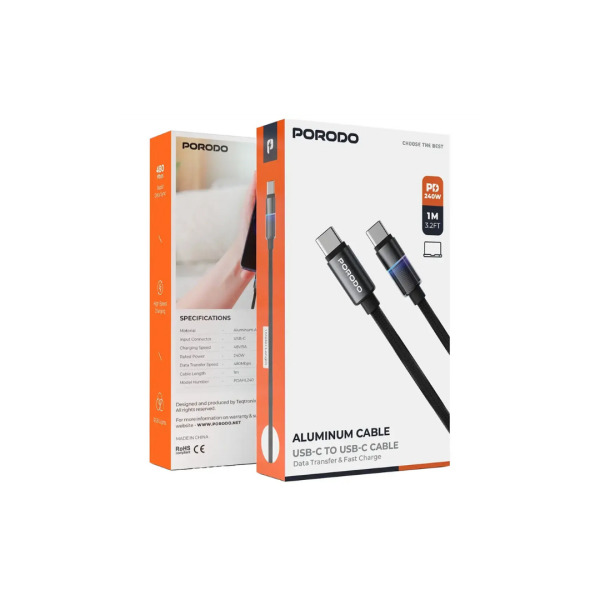 كابل Porodo ألمنيوم من USB-C إلى USB-C للشحن ونقل البيانات – أسود image 2