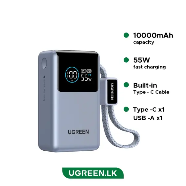 باور بانك يوجرين نكسود برو ميني (UGREEN Nexode Pro PB727) سعة 10000 مللي أمبير بقوة 55 واط مع كيبل مدمج - رمادي image 1