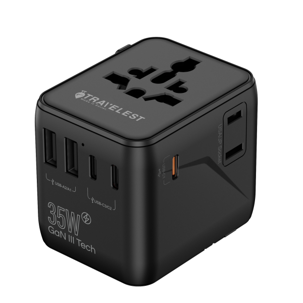 من ترافيليست محول السفر العالمي GaN 35W مع 3 منفذ USB-C + منفذ 2 USB-A، 2500W AC، متوافق مع أكثر من 200 دولة image 0