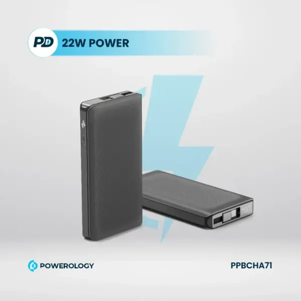 باور بانك Powerology بسعة 10000mAh مع كابل Type-C قابل للسحب – أسود image 1