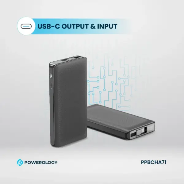 باور بانك Powerology بسعة 10000mAh مع كابل Type-C قابل للسحب – أسود image 4