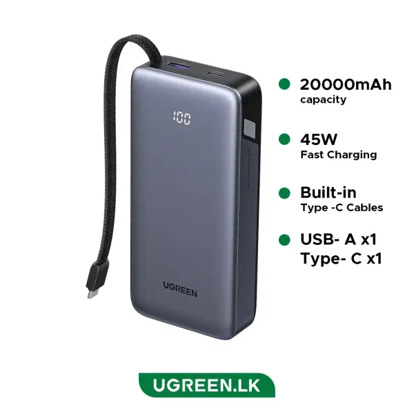 باور بانك يوجرين نكسود (UGREEN Nexode PB536) سعة 20000 مللي أمبير بقوة 45 واط مع كيبل مدمج - رمادي image 3