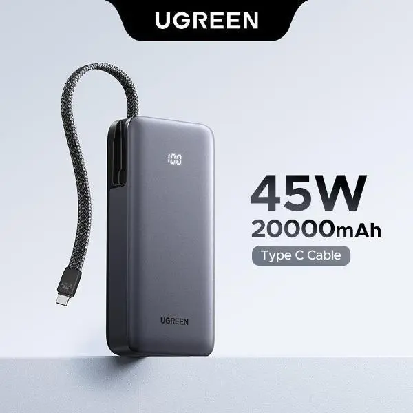 باور بانك يوجرين نكسود (UGREEN Nexode PB536) سعة 20000 مللي أمبير بقوة 45 واط مع كيبل مدمج - رمادي image 2