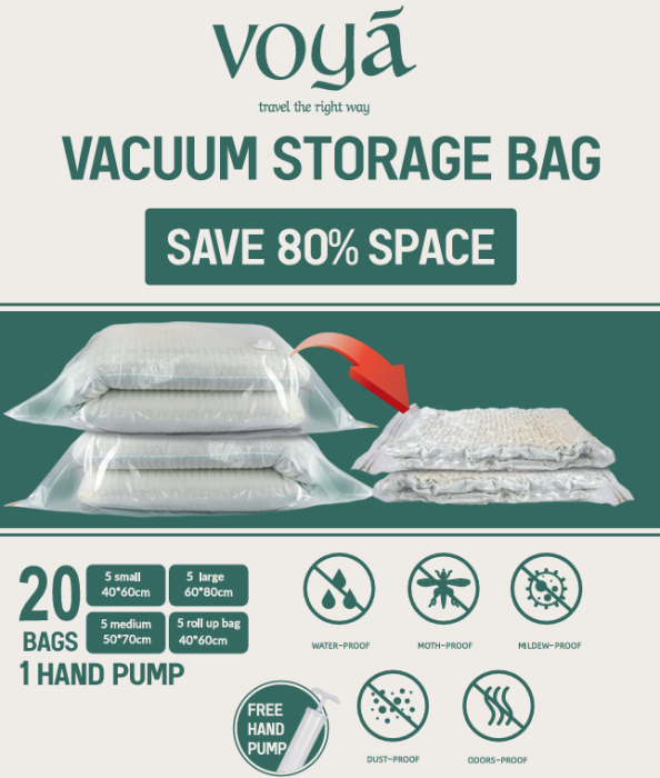 أكياس تخزين بتفريغ الهواء – Voya Vacuum Storage Bags – 20 قطعة مع مضخة يدوية image 1