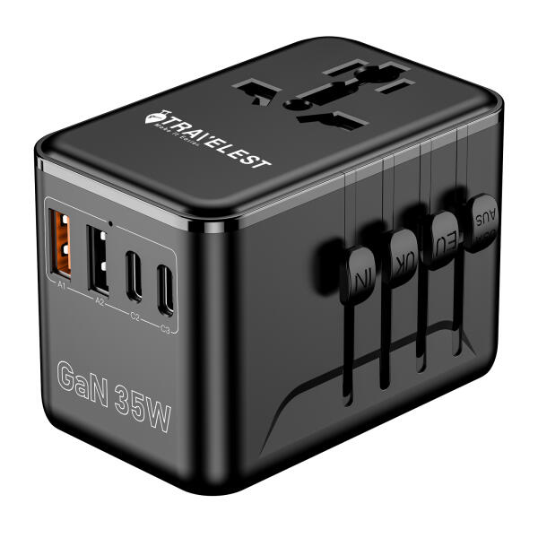 محول السفر العالمي من ترافيليست بتقنية GaN 35W مع 3 منافذ USB-C و 2 USB-A ومخرج كهرباء بقدرة 2500 واط وفيوز أوتوماتيكي متوافق مع أكثر من 220 دولة image 1