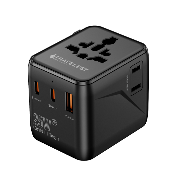 من ترافيليست محول السفر العالمي GaN 25W مع 2 منفذ USB-C + منفذ USB-A، 2500W AC، متوافق مع أكثر من 200 دولة image 0