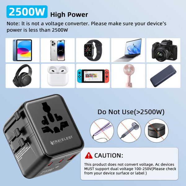 من ترافيليست محول السفر العالمي GaN 25W مع 2 منفذ USB-C + منفذ USB-A، 2500W AC، متوافق مع أكثر من 200 دولة image 4