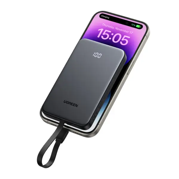 باور بانك يوجرين (UGREEN PB526) بسعة 10000 مللي أمبير مع كيبل مدمج بقوة 20 واط - رمادي image 2