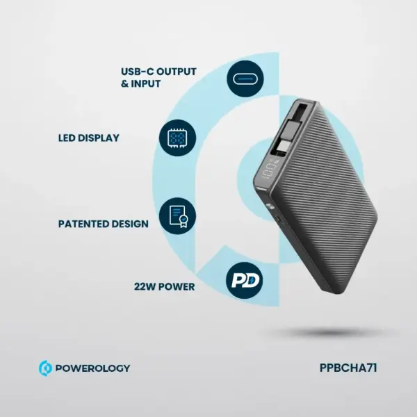 باور بانك Powerology بسعة 10000mAh مع كابل Type-C قابل للسحب – أسود image 5