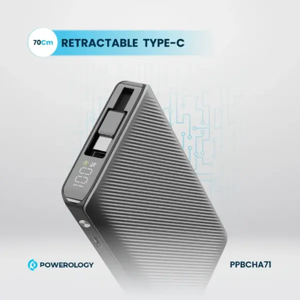 باور بانك Powerology بسعة 10000mAh مع كابل Type-C قابل للسحب – أسود image 7
