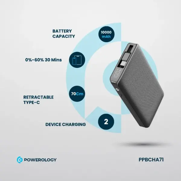 باور بانك Powerology بسعة 10000mAh مع كابل Type-C قابل للسحب – أسود image 10