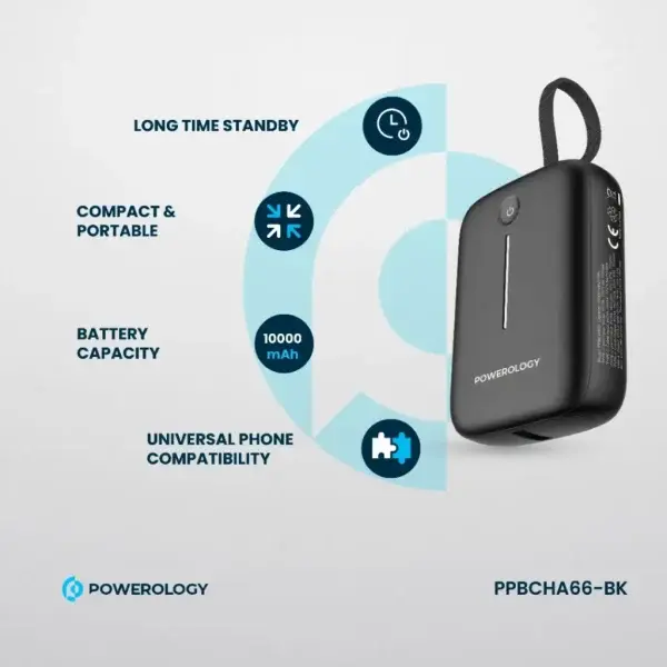 باور بانك Powerology ‎10000mAh‎ مع سلك USB-C قابل للإزالة – ‎20 واط‎ PD – شحن 3 أجهزة image 4